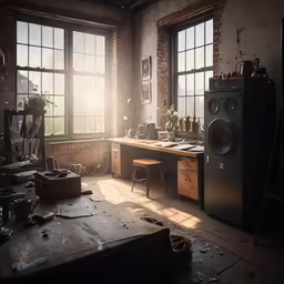 this is a kitchen area with cabinets and windows