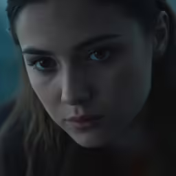 a young woman with blue eyes stares to the side
