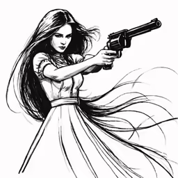 a black and white drawing of a girl holding a gun