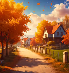an empty, leafy village street at sunrise,a beautiful country road with houses and trees