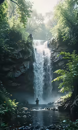 a man standing next to a waterfall surrounded by trees