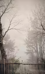 a fence is behind two trees with a small light on top