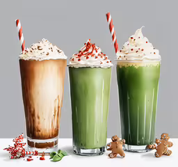 christmas drinks with green and white frosting, candies, and star cookies,three different kinds of green drinks on a table