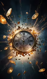 a clock surrounded by golden coins is being thrown in the air