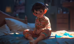 a cartoon character sitting on a bed with a stuffed toy
