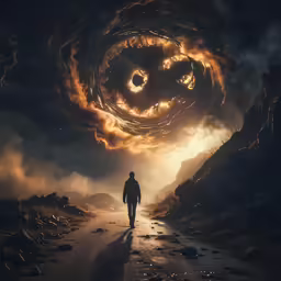 a man walking through the dark, ominous landscape