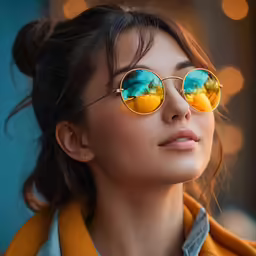 a woman wearing round sunglasses with golden frames