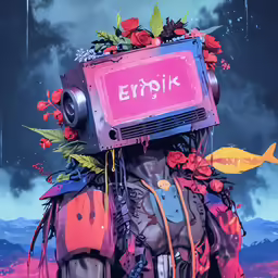a futuristic head wearing an array of plants and flowers, with a pink television on top