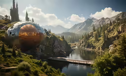 a lake next to a mountain and a city