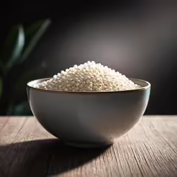 a bowl full of grain in the middle of a table