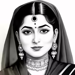 an ink painting of a woman wearing earrings and jewelry