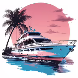 the blue and pink boat is on the water with trees in the background