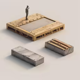 a small person standing in a wooden frame with pallets around him