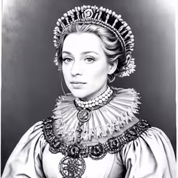 a black and white portrait of an elegant woman in renaissance costume