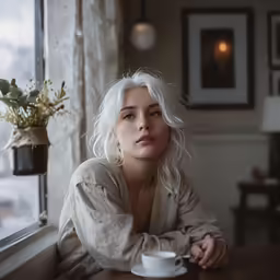 an elegant blonde woman with white hair and a cup is looking out the window