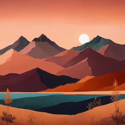 a painting with a sky view of a mountain range,a painting of mountain landscape with orange sun