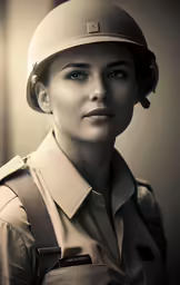 a woman in uniform is wearing a helmet
