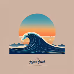 an illustration of a wave on the ocean at sunset,a great picture with a wave coming out of it