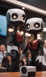 two robots are standing beside each other on a table