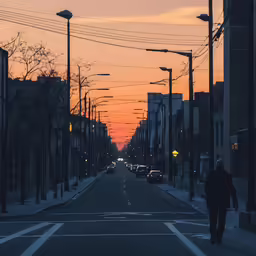 man with bicycle in road at dusk with orange sky