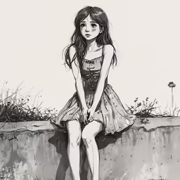a drawing of a woman sitting on a ledge