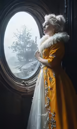 a woman wearing a yellow gown looks out the window