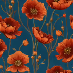 an artistic painting of bright orange flowers on a blue background