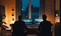 two people in front of a computer monitor at night