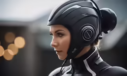 the woman is wearing the black helmet