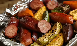 there are several different fruits and vegetables wrapped in foil