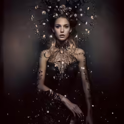 a beautiful woman with feathers and stars all over her body