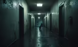 a person walks down a dark hallway with three doors
