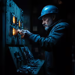 a man wearing a hard hat checking on an old machinery