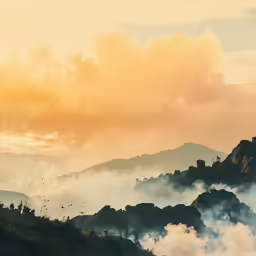 the mountain covered in a dense layer of fog