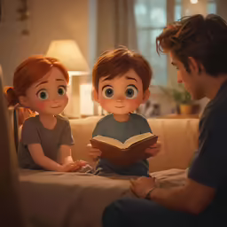 the characters are sitting on the sofa while looking at a book