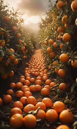 many oranges in rows growing on trees