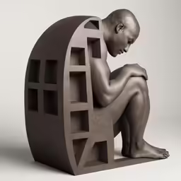 a black and white image of a person sitting in a round shaped sculpture