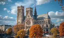 a huge cathedral with three massive towers sits behind colorful trees