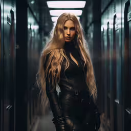 sexy model in black outfit on hallway way,the woman in the black outfit is walking through the hallway