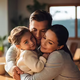 a man is holding his daughter while she holds her arms around him