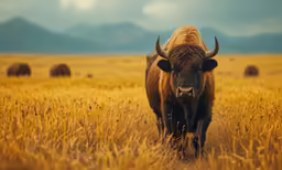 a cow walks through an open field with other animals