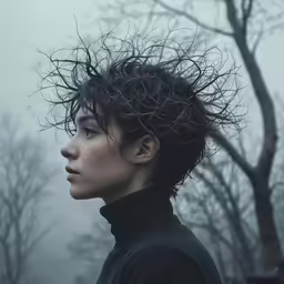 a woman wearing a black coat in a misty forest
