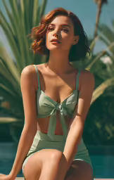 a young woman in a bikini and panties sitting on a wall