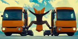a woman leaps out from between two vans