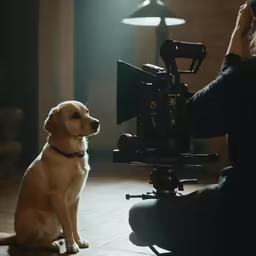the golden retriever sits next to the camera and gazes at someone behind it
