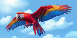 red and blue bird in flight with blue sky background