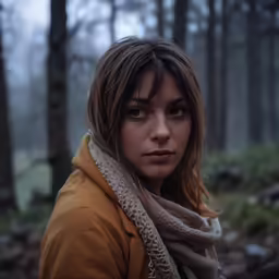 a woman with dark brown eyes standing in a forest