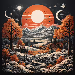 this painting is of a snowy landscape, with a full moon
