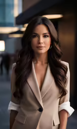 a young woman standing in front of a building with long dark hair