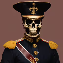 a human skull wearing a military uniform,a human skull wearing a military uniform with a gold crown